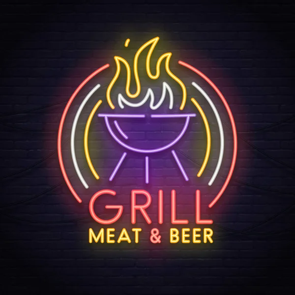 Grill neon sign. Neon sign, bright signboard, light banner. — Stock Vector