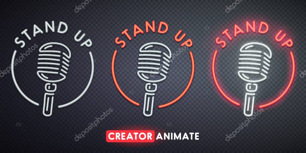 Stand Up neon sign. Creator animate. Isolated logo.