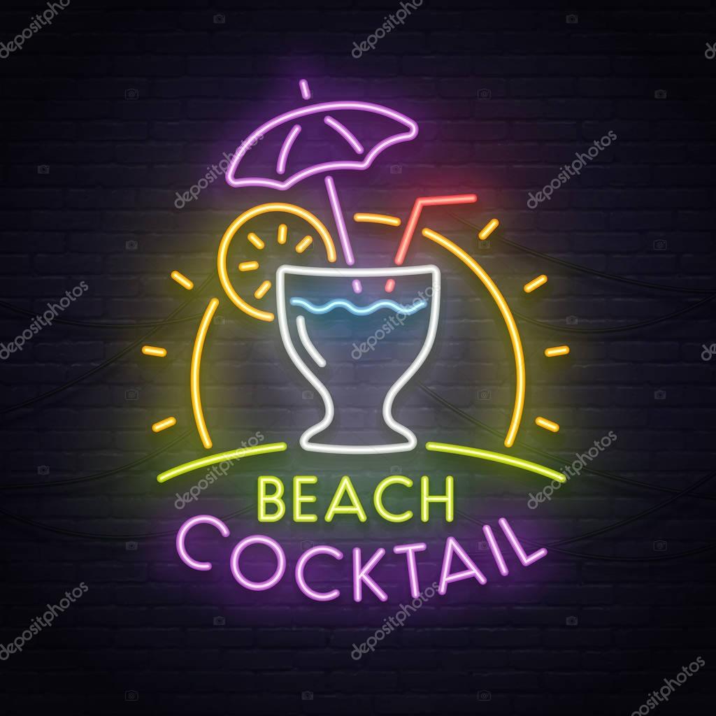 Cocktail neon sign, bright signboard, light banner. Cocktail logo, emblem
