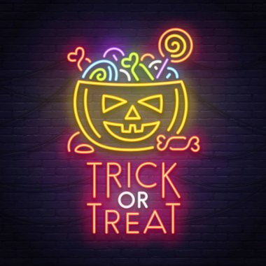 Kabak ve şeker neon tabela. Cadılar Bayramınız Kutlu Olsun. Neon tabela, parlak tabela, ışık afiş. 