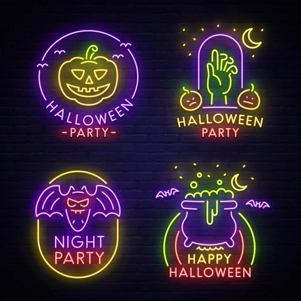 Grand ensemble logo néon, étiquette, emblème. Joyeux Halloween. Panneau néon, panneau lumineux, bannière lumineuse . — Image vectorielle