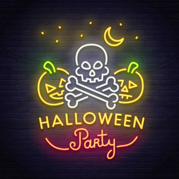 Teschio e zucca segno al neon. Buon Halloween. insegna al neon, insegna luminosa, insegna luminosa . — Vettoriale Stock