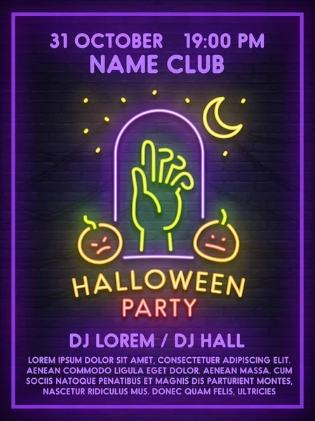 Poster modello, volantino, invito, banner. Buon Halloween Poster. Insegna al neon, insegna luminosa, striscione luminoso. Illustrazione vettoriale . — Vettoriale Stock