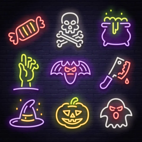 Grande set icona al neon segno. Buon Halloween. insegna al neon, insegna luminosa, insegna luminosa. — Vettoriale Stock