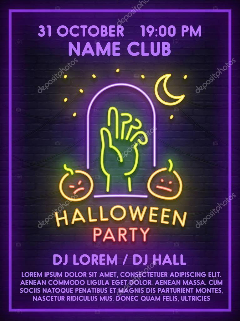 Template poster, flyer, invitation, banner. Happy Halloween Poster. Neon sign, bright signboard, light banner. Vector illustration.