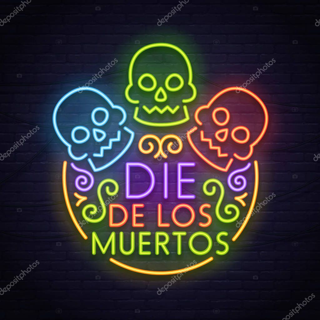 Skulls neon sign. Day of the Dead(Dia de Muertos). Neon sign, bright signboard, light banner.