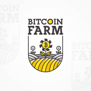 Bitcoin çiftlik logo, amblem, etiket. Vektör çizim.