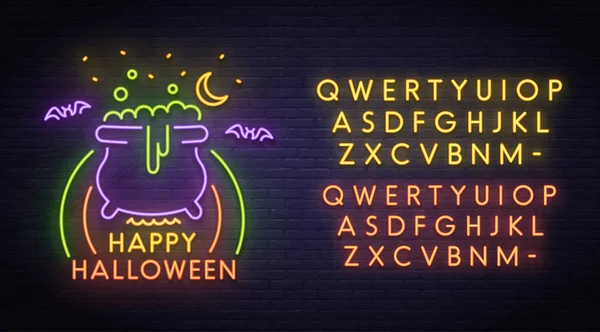 Happy Halloween neon sign, bright signboard, light banner. Halloween party logo, emblem. Neon sign creator. Neon text edit