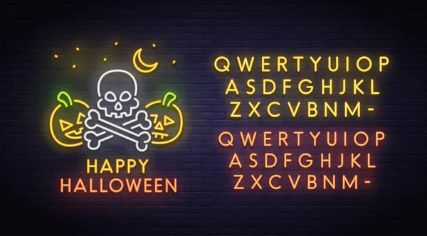 Skull and pumpkin neon sign, bright signboard, light banner. Halloween party logo, emblem. Neon sign creator. Neon text edit