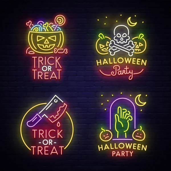 Grand ensemble logo néon, étiquette, emblème. Joyeux Halloween. Panneau néon, panneau lumineux, bannière lumineuse . — Image vectorielle