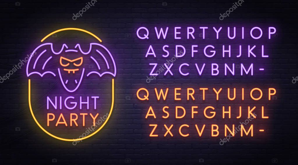 Bat neon sign, bright signboard, light banner. Halloween party logo, emblem. Neon sign creator. Neon text edit