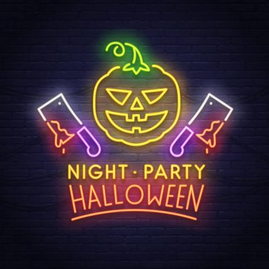 Kabak ve balta neon tabela. Cadılar Bayramınız Kutlu Olsun. Neon tabela, parlak tabela, ışık afiş. 