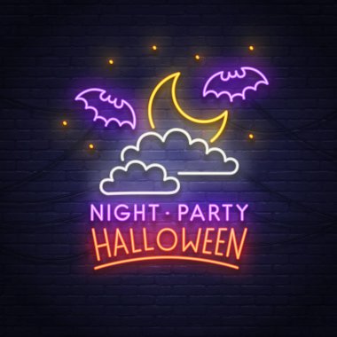 Gece Paty neon tabela. Cadılar Bayramınız Kutlu Olsun. Neon tabela, parlak tabela, ışık afiş. 