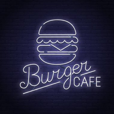 Burger neon ışığı, parlak tabela, hafif pankart. Hamburger logosu, amblem.