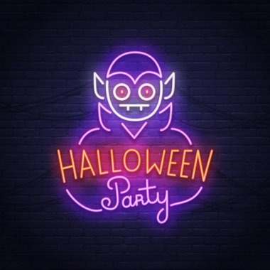 Sevimli vampirlerin neon tabela. Gece paty neon. Cadılar Bayramınız Kutlu Olsun. Neon tabela, parlak tabela, ışık afiş. 