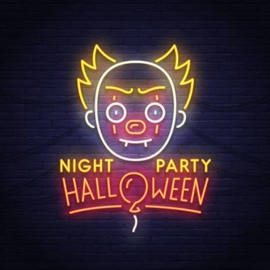 Sevimli palyaço neon tabela. Gece parti. Cadılar Bayramınız Kutlu Olsun. Neon tabela, parlak tabela, ışık afiş. 