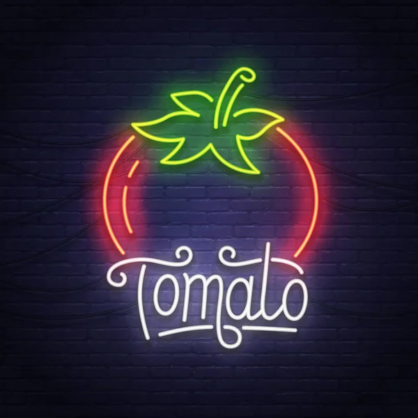 Tomaten-Leuchtreklame, helles Schild, Lichtbanner. Leuchtschrift, Emblem — Stockvektor