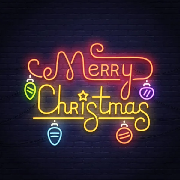 Gelukkig Merry Christmas neon teken. Partij van de nacht. Lichtreclame, heldere uithangbord, lichte banner. — Stockvector