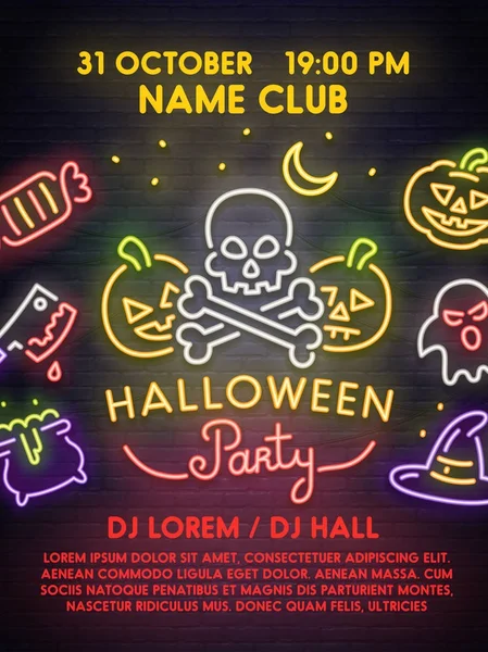 Poster modello, volantino, invito, banner. Buon Halloween Poster. Insegna al neon, insegna luminosa, striscione luminoso. Illustrazione vettoriale . — Vettoriale Stock