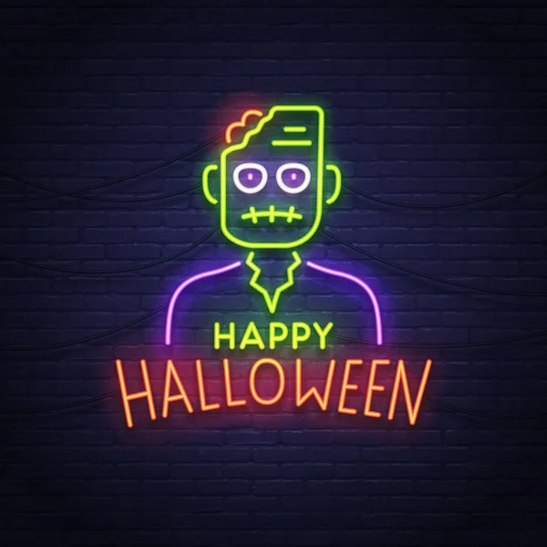 Carino il cartello al neon zombie. Buon Halloween. insegna al neon, insegna luminosa, insegna luminosa . — Vettoriale Stock