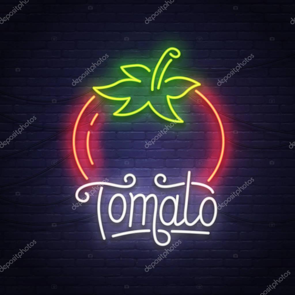 Tomato neon sign, bright signboard, light banner. Neon logo.