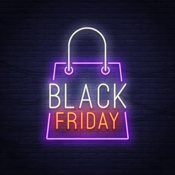 Black Friday neon sign. Sale banner, logo, emblem and label. Neon sign, bright signboard, light banner. — Stock Vector
