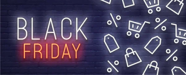 Black Friday neon sign. Web banner, logo, emblem and label. Neon sign, bright signboard, light banner. — Stock Vector