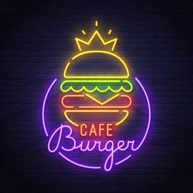 Burger neon tabela. Neon işareti. Burger Cafe logo, amblem ve etiket. Parlak tabela, ışık afiş. 