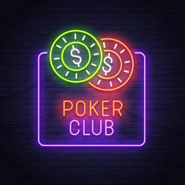 Покерный неоновый знак. Неоновый знак. Логотип казино, эмблема и этикетка. Яркая вывеска, световое знамя . — стоковый вектор