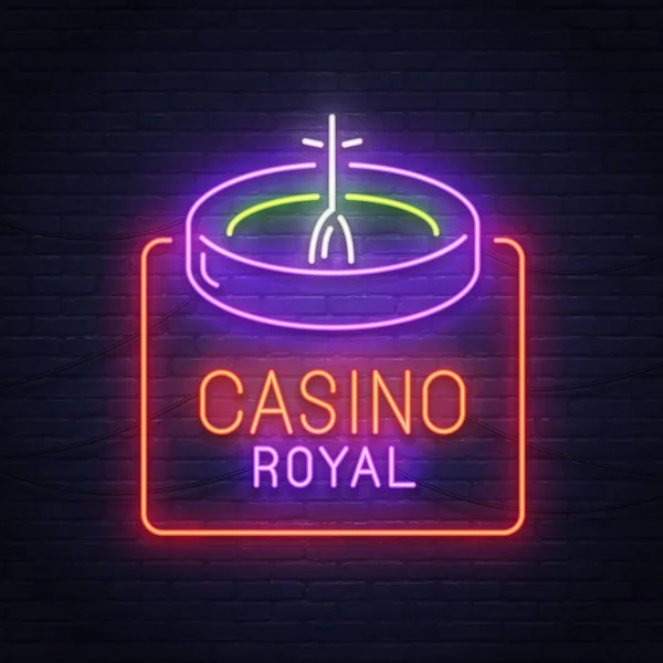 Roulette game neon sign. Neon sign. Casino logo, emblem and label. Bright signboard, light banner. — Stock Vector