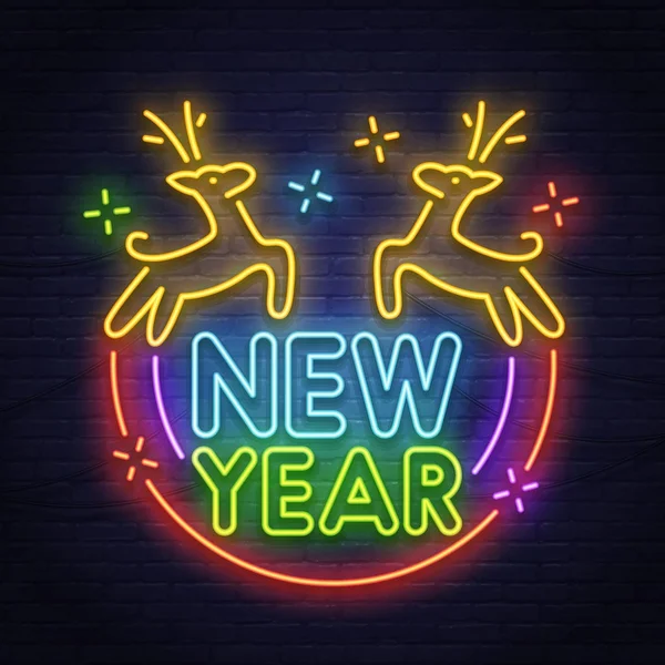 Deer neon sign. Night party. Happy New Year bright signboard, light banner. — Stock Vector