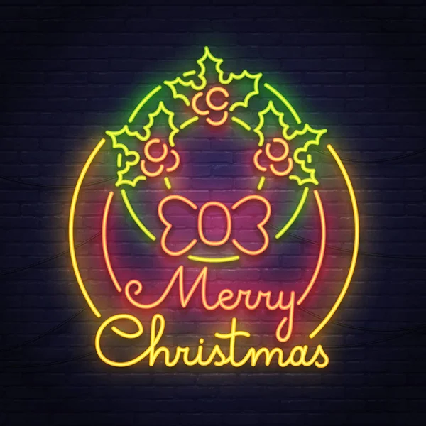 Merry Christmas neon teken. Lichtreclame. Christmas logo, embleem en label. Heldere uithangbord, lichte banner. — Stockvector