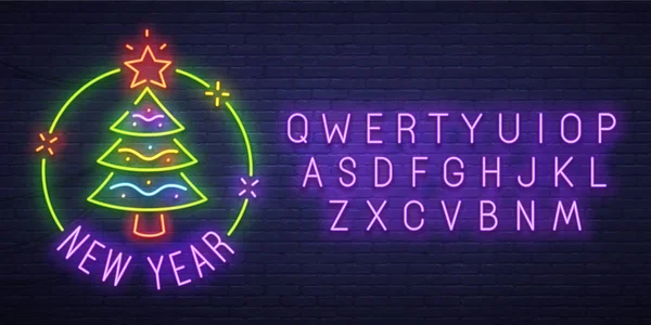 Kerstboom lichtreclame, heldere uithangbord, licht banner. Nieuwjaar logo, embleem en label. Neon teken Schepper. Neon tekst bewerken — Stockvector