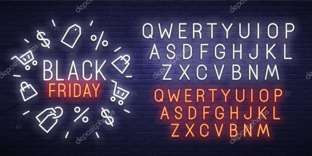 Black Friday neon sign, bright signboard, light banner. Black Friday logo, emblem and label. Neon sign creator. Neon text edit.