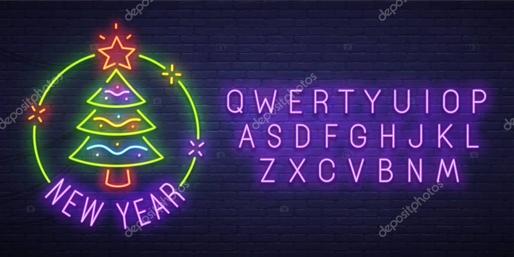 Christmas tree neon sign, bright signboard, light banner. New Year logo, emblem and label. Neon sign creator. Neon text edit.