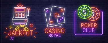 Neon logo, etiket, amblem ayarlayın. Casino ve Poker. Neon tabela, parlak tabela, ışık afiş. 