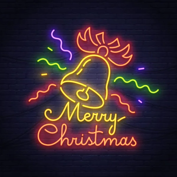 Merry Christmas neon teken. Gelukkig Nieuwjaar logo, embleem en label. Heldere uithangbord, lichte banner. — Stockvector