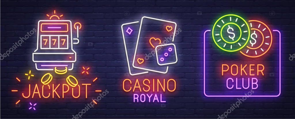 Set neon logo, label, emblem. Casino and Poker. Neon sign, bright signboard, light banner.