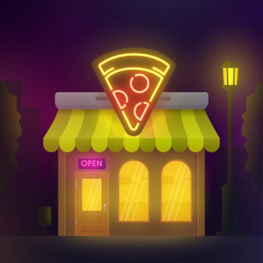 Pizzacı kafe binası. Gece şehir. Pizza kafe neon tabela. Pizza afiş, logo, amblem ve etiket. Neon tabela, ışık afiş.