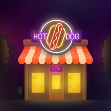 Çizgi film kafe Binası, kiosk. Gece şehir. Sosisli sandviç Cafe neon tabela. Pizza afiş, logo, amblem ve etiket. Neon tabela, parlak tabela, ışık afiş.