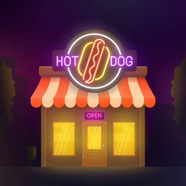 Cartoon cafe building, kiosk. Night city. Hot Dog cafe neon sign. Pizza banner, logo, emblem and label. Neon sign, bright signboard, light banner. — Stock Vector