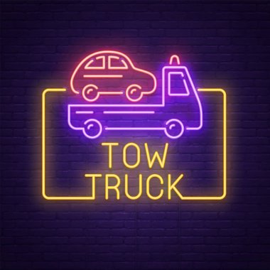 Çekici kamyon neon tabela, parlak tabela, ışık afiş. Araba logo, amblem ve etiket yedekte çekin. Vektör çizim