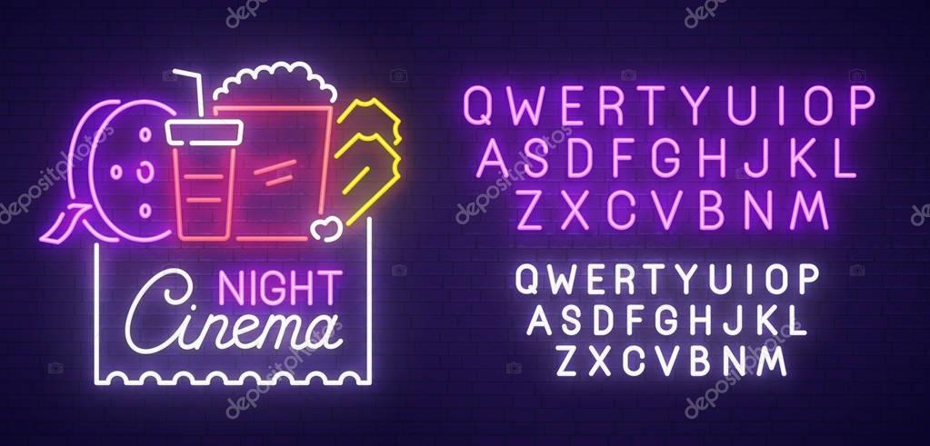 Cinema Night neon sign, bright signboard, light banner. Cinema logo, emblem and label. Neon sign creator. Neon text edit.