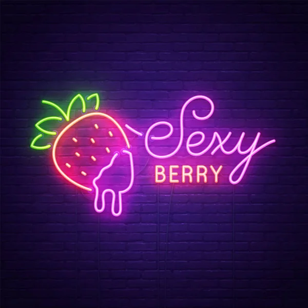 Sex Shop sinal de néon, sinalização brilhante, banner de luz. Logotipo Sexy Berry, emblema e etiqueta. Morango canta néon. Ilustração vetorial —  Vetores de Stock