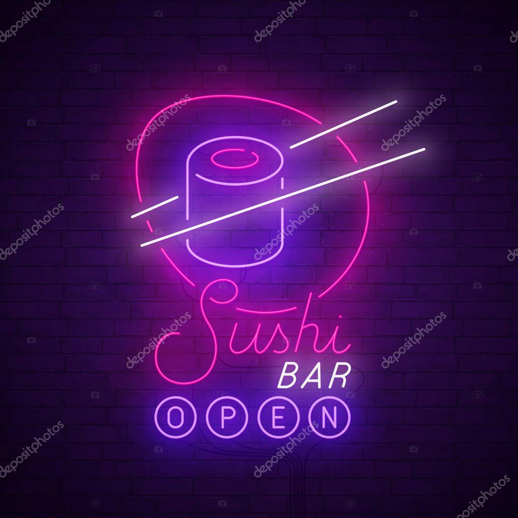 Sushi Bar neon sing. Sushi banner, logo, emblem and label. Bright signboard, light banner.