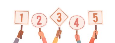 Ellerinde puanlar olan tabelalar var. Hakemlerin oyları. Turnuva ya da yarışma. Elleri Tutan Skor Kartları. Vektör illüstrasyonu