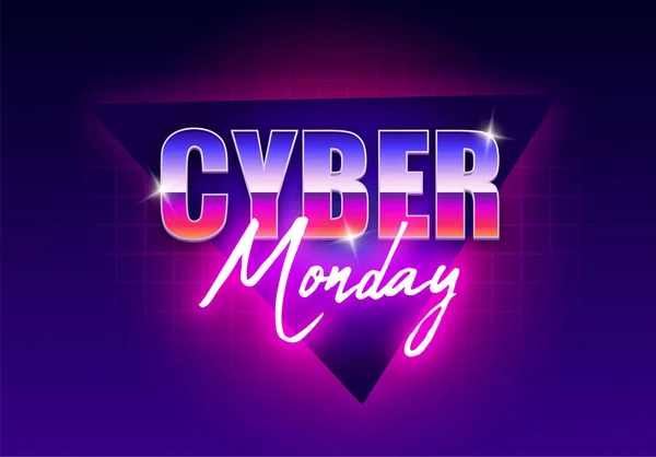 Banner del Cyber Monday. Cyber Monday futurista retro. Grandes descuentos logotipo de neón, diseño de banner de luz, diseño moderno, signo brillante Vector ilustración — Archivo Imágenes Vectoriales