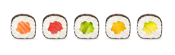 Rolos de Maki com salmão, atum, pepino, abacate e manga isolados sobre fundo branco. Coleção de peças de Sushi. Maki fresco rola pedaços com arroz e nori. Ilustração vetorial realista . — Vetor de Stock