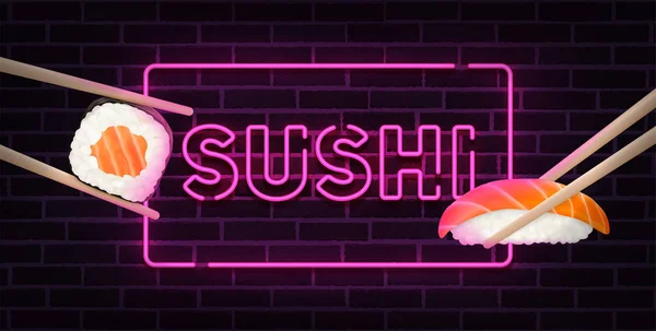 Sushi Bar de neón cantar. Banner de sushi, logotipo, emblema y etiqueta. Letrero brillante, pancarta ligera. Ilustración vectorial . — Vector de stock