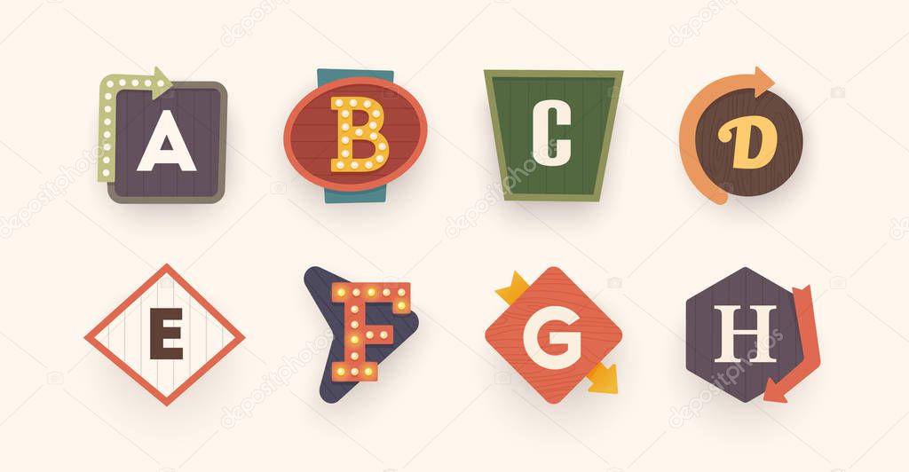 Retro font. Letters on vintage style. Retro signs. Alphabet. Vintage label, emblem and logo. Vector illustration